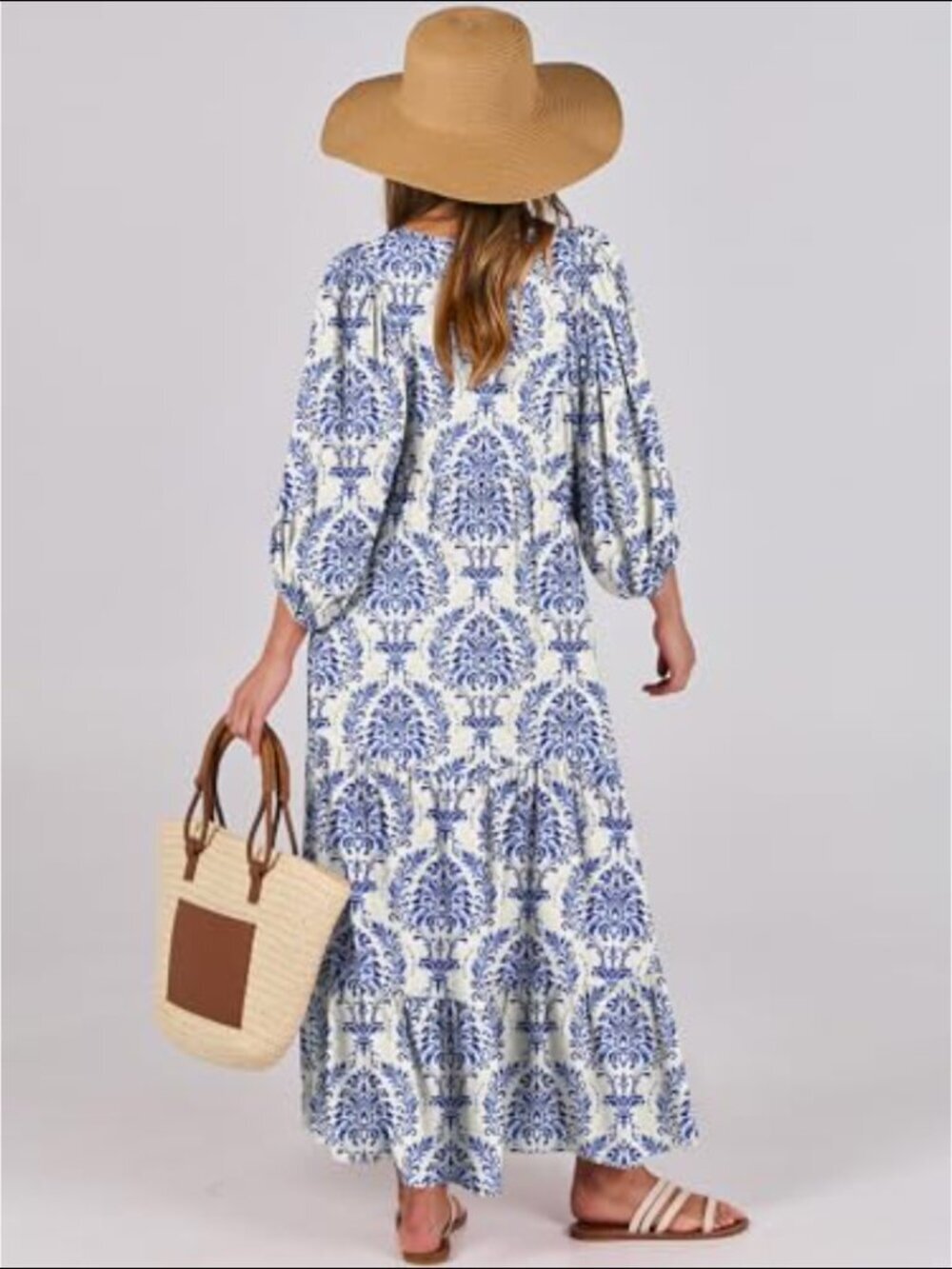 Womens V Neck Floral Maxi Dress Blue Puff Sleeve Empire Waist Boho Coastal Artsy - Picture 3 of 5